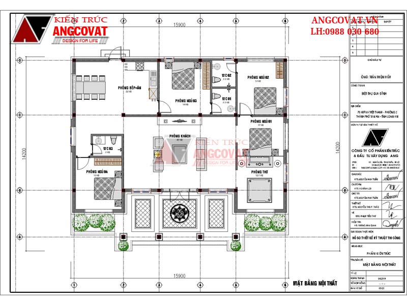 Hình ảnh 4: Tổng mặt bằng công năng của thiết kế nhà cấp 4 mái thái 4 phòng ngủ phòng khách rộng.