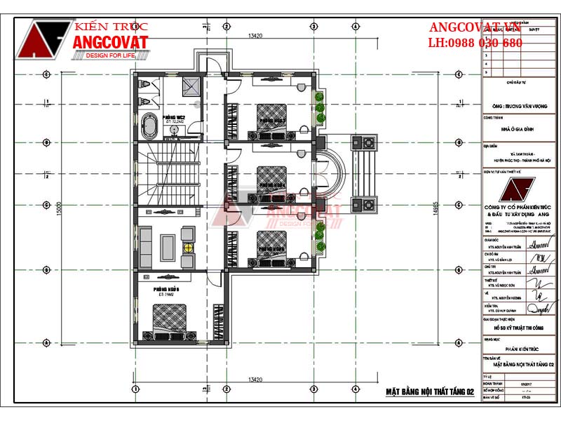 Mặt bằng công năng sử dụng tầng 2 của thiết kế nhà biệt thự nhà mặt tiền 15m 3 tầng diện tích 150m2 của ông Vương.