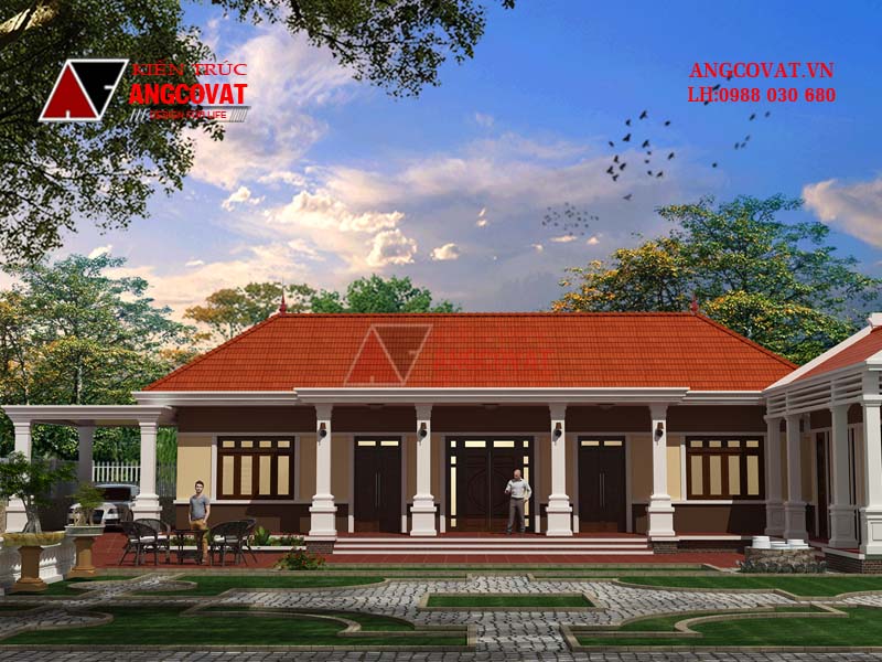 Xuýt xoa trước mẫu thiết kế nhà 1 tầng 2 phòng ngủ mặt tiền 20m mái thái đẹp ở tỉnh Vĩnh Phúc BT225047